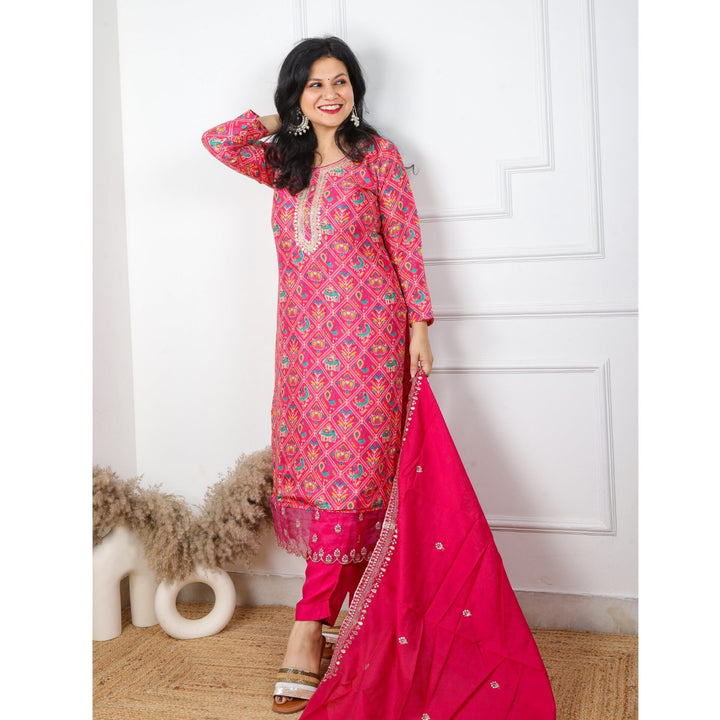 Hot Pink Patola Print Muslin 3 Piece Set with Beautiful Zari Work Dupatta