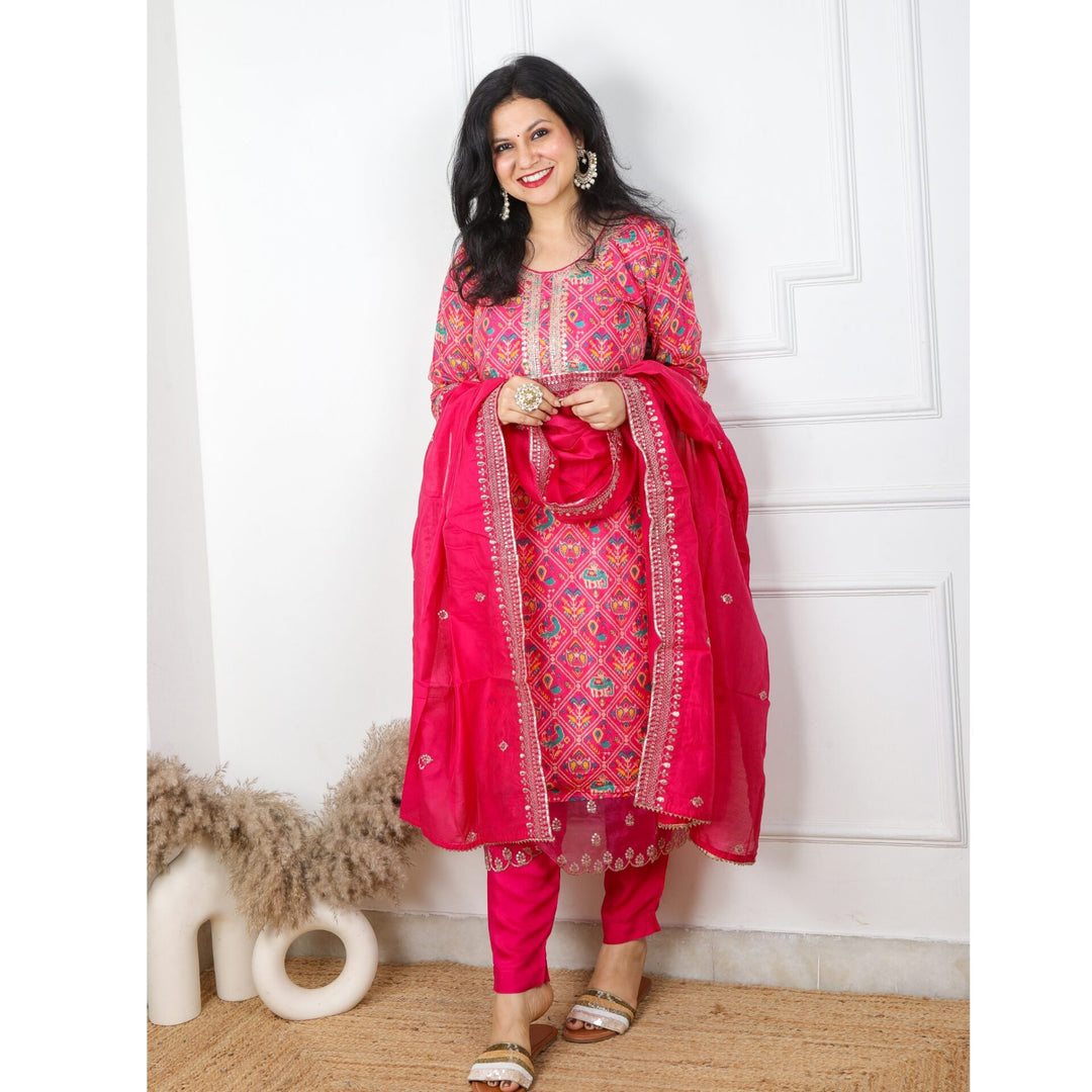 Hot Pink Patola Print Muslin 3 Piece Set with Beautiful Zari Work Dupatta