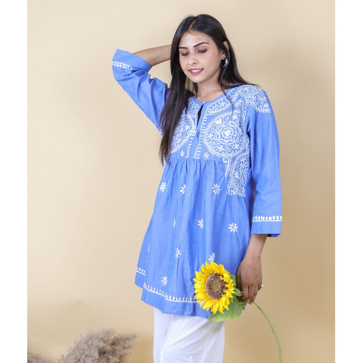 Electric Indigo Chikankari Short Kurti