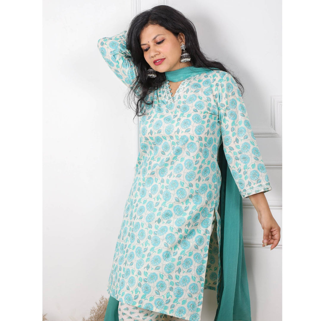 Turquoise Green Floral Printed Cotton Top with Chiffon Dupatta Set