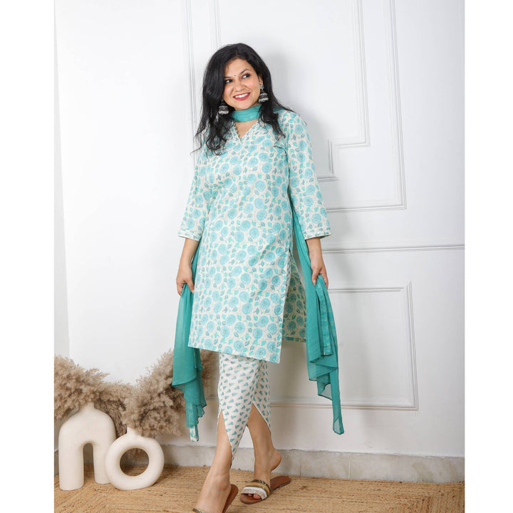 Turquoise Green Floral Printed Cotton Top with Chiffon Dupatta Set