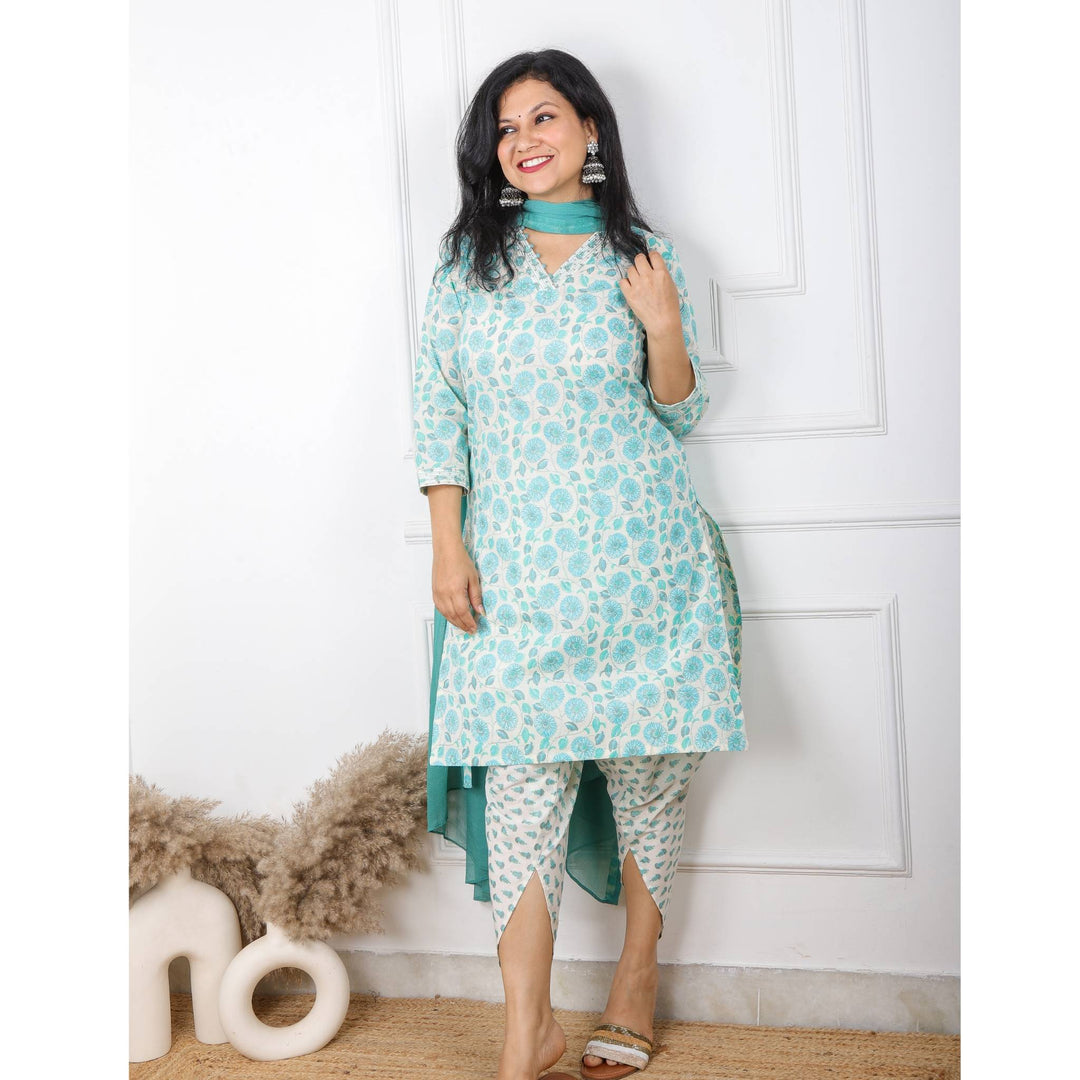 Turquoise Green Floral Printed Cotton Top with Chiffon Dupatta Set