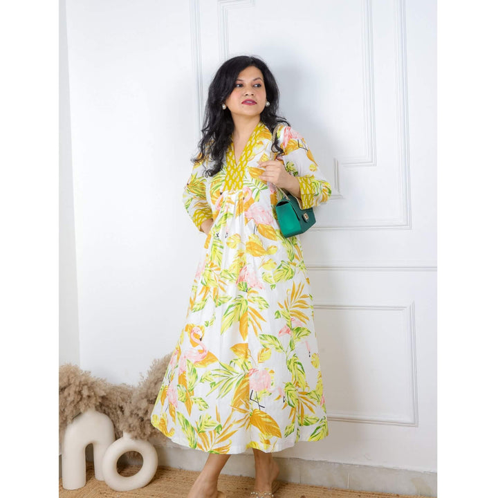 Light Yellow Bird Tropical Print Cotton Dress