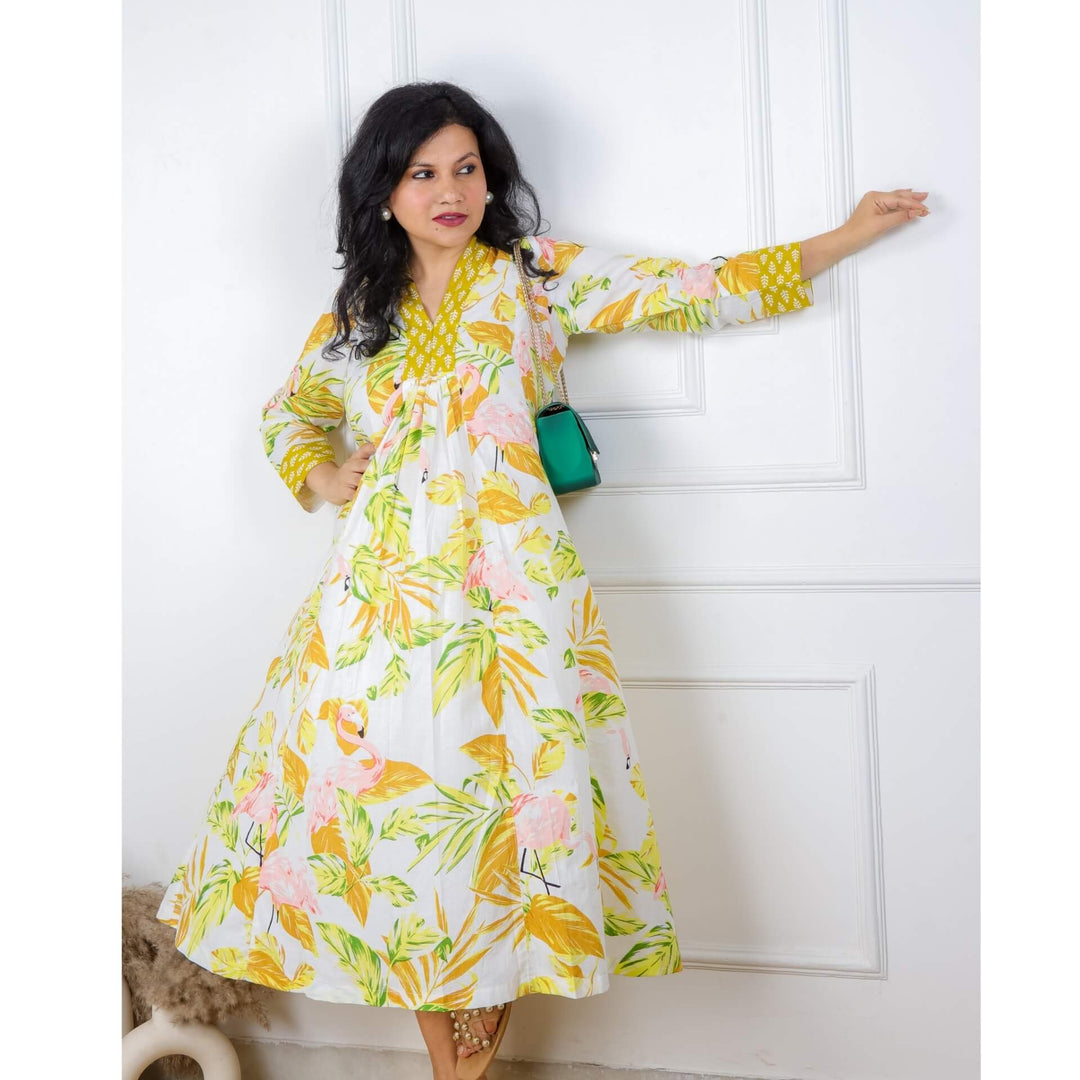 Light Yellow Bird Tropical Print Cotton Dress