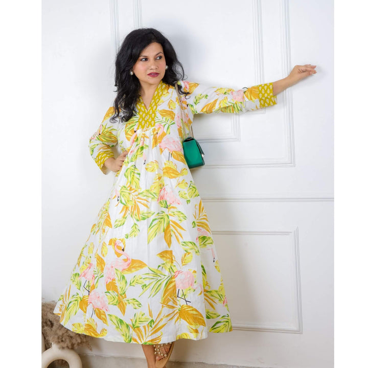 Light Yellow Bird Tropical Print Cotton Dress
