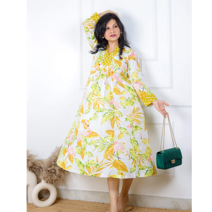 Light Yellow Bird Tropical Print Cotton Dress