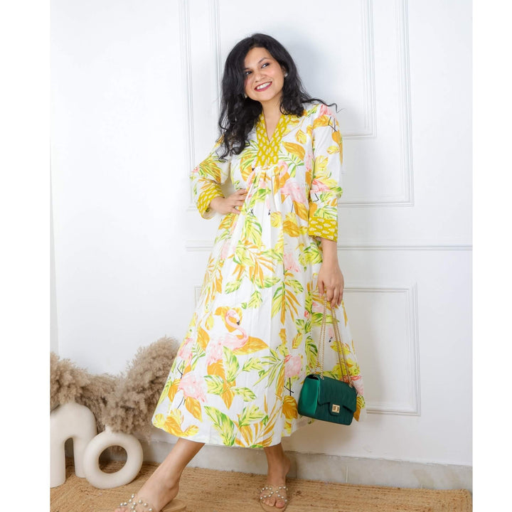 Light Yellow Bird Tropical Print Cotton Dress