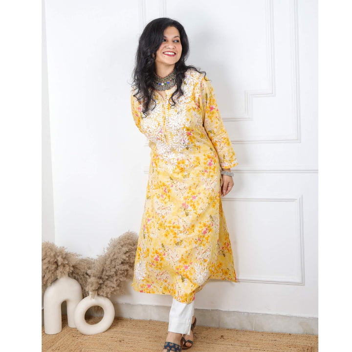 Light Yellow Floral Printed Cotton Chikankari Kurti