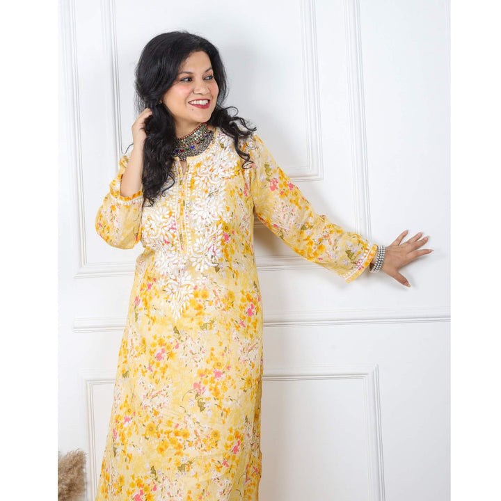 Light Yellow Floral Printed Cotton Chikankari Kurti