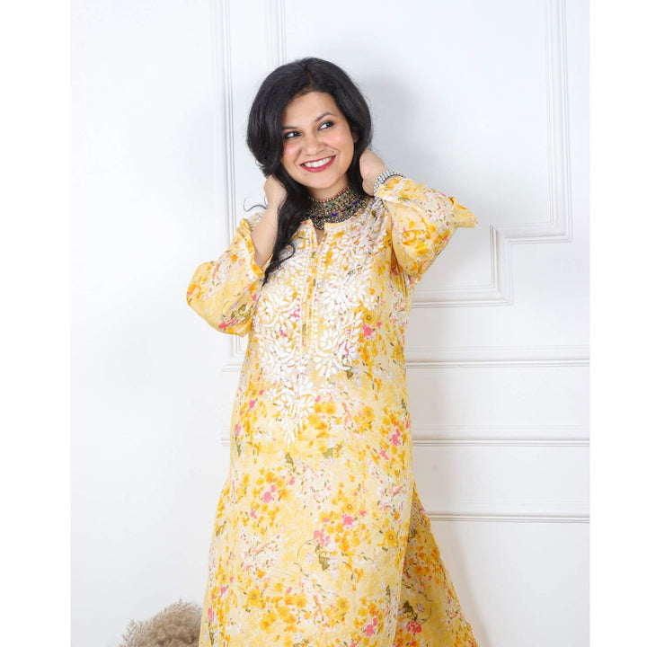 Light Yellow Floral Printed Cotton Chikankari Kurti