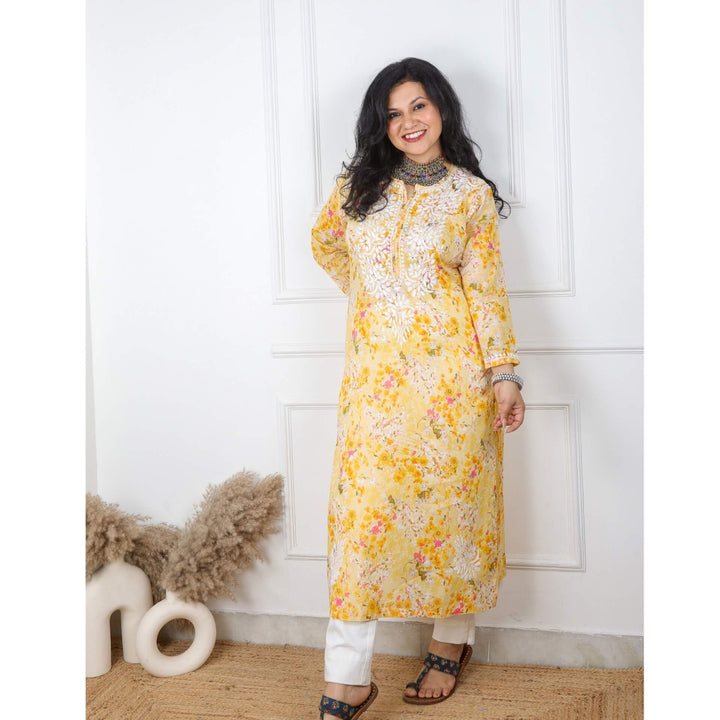 Light Yellow Floral Printed Cotton Chikankari Kurti