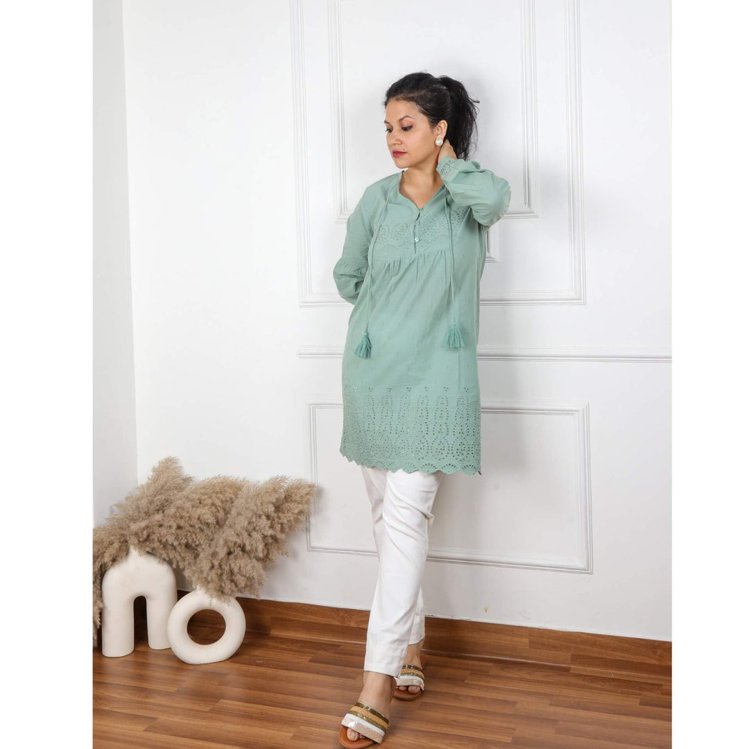 Sage Green Schiffli Cotton Dobby Short Dress Desisandook Enterprises Private Limited Sage Green Schiffli Cotton Dobby Short Dress Desisandook Enterprises Private Limited