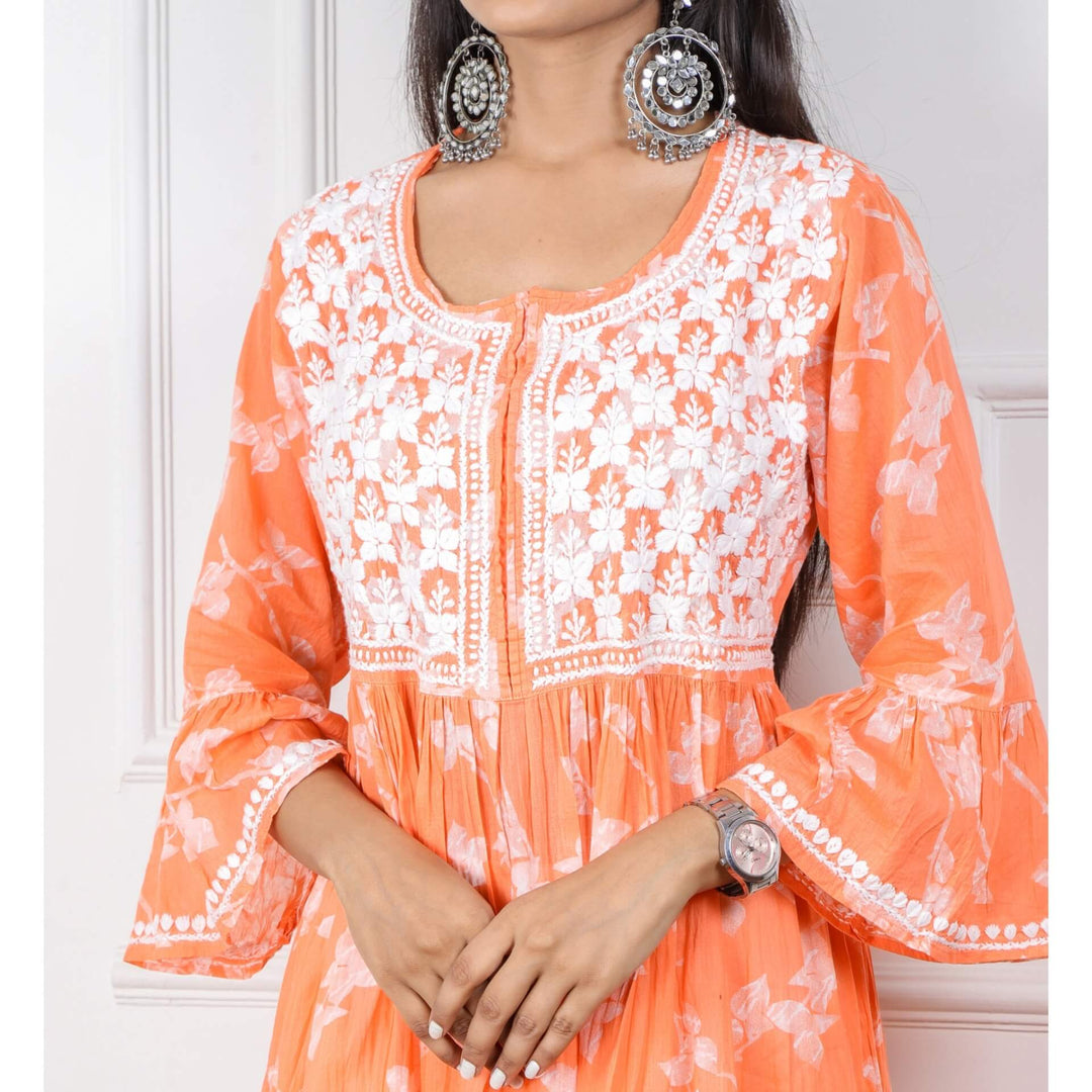 Tangerine Orange Chikankari Work Short Kurti