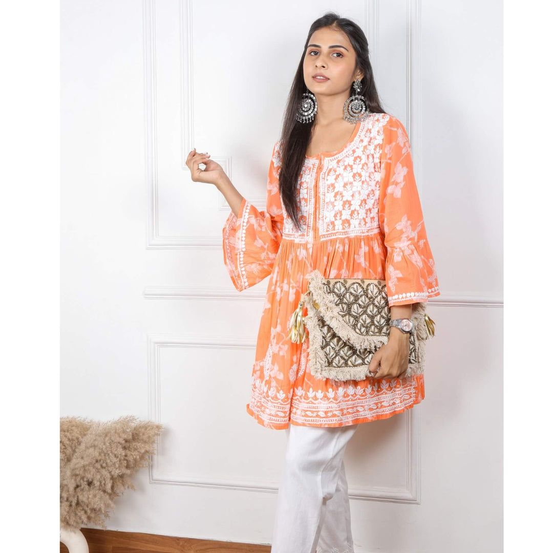 Tangerine Orange Chikankari Work Short Kurti