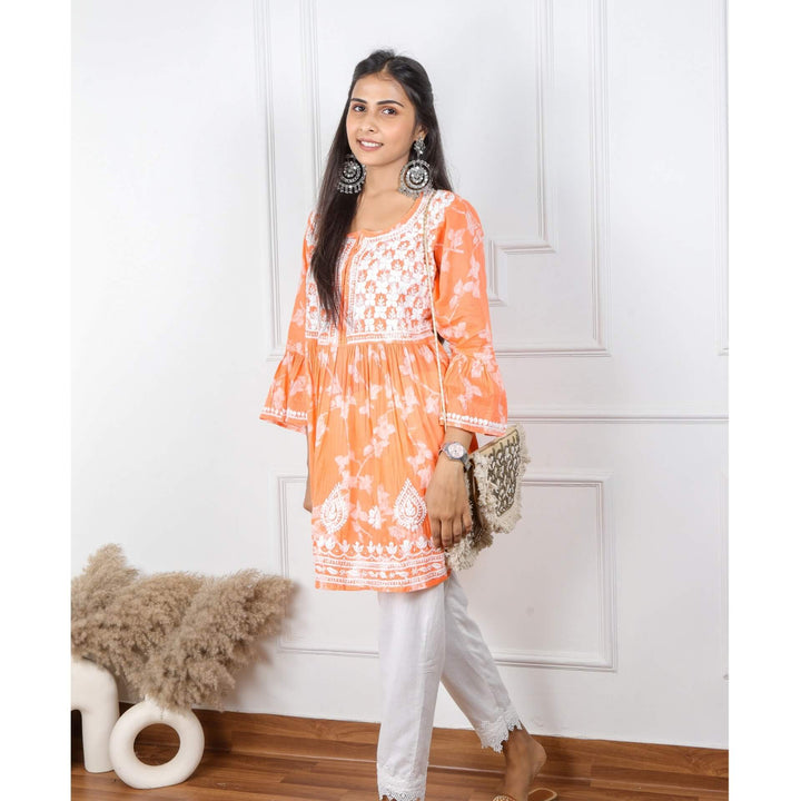 Tangerine Orange Chikankari Work Short Kurti