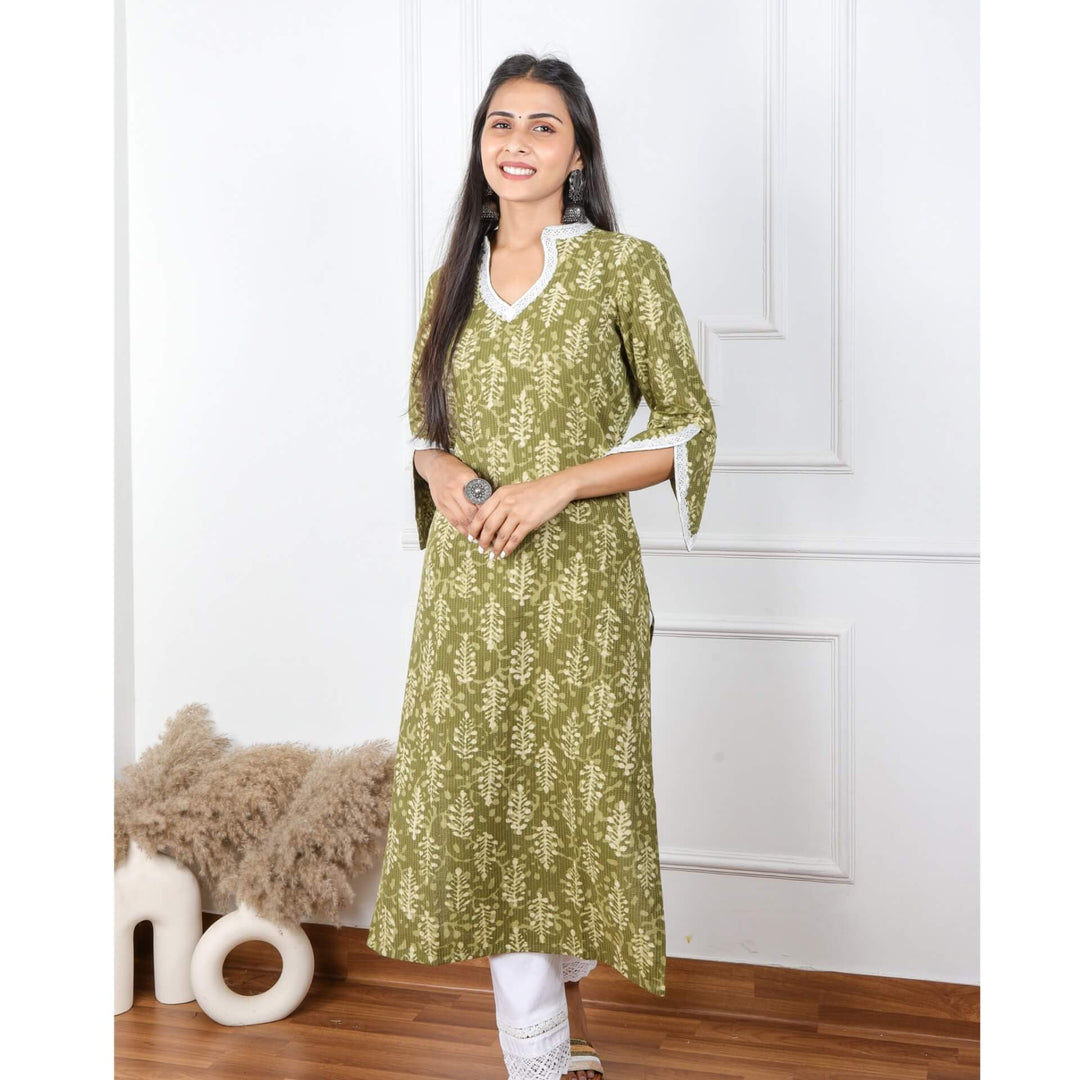 Heena Green Dabu Work Kantha Cotton Kurti