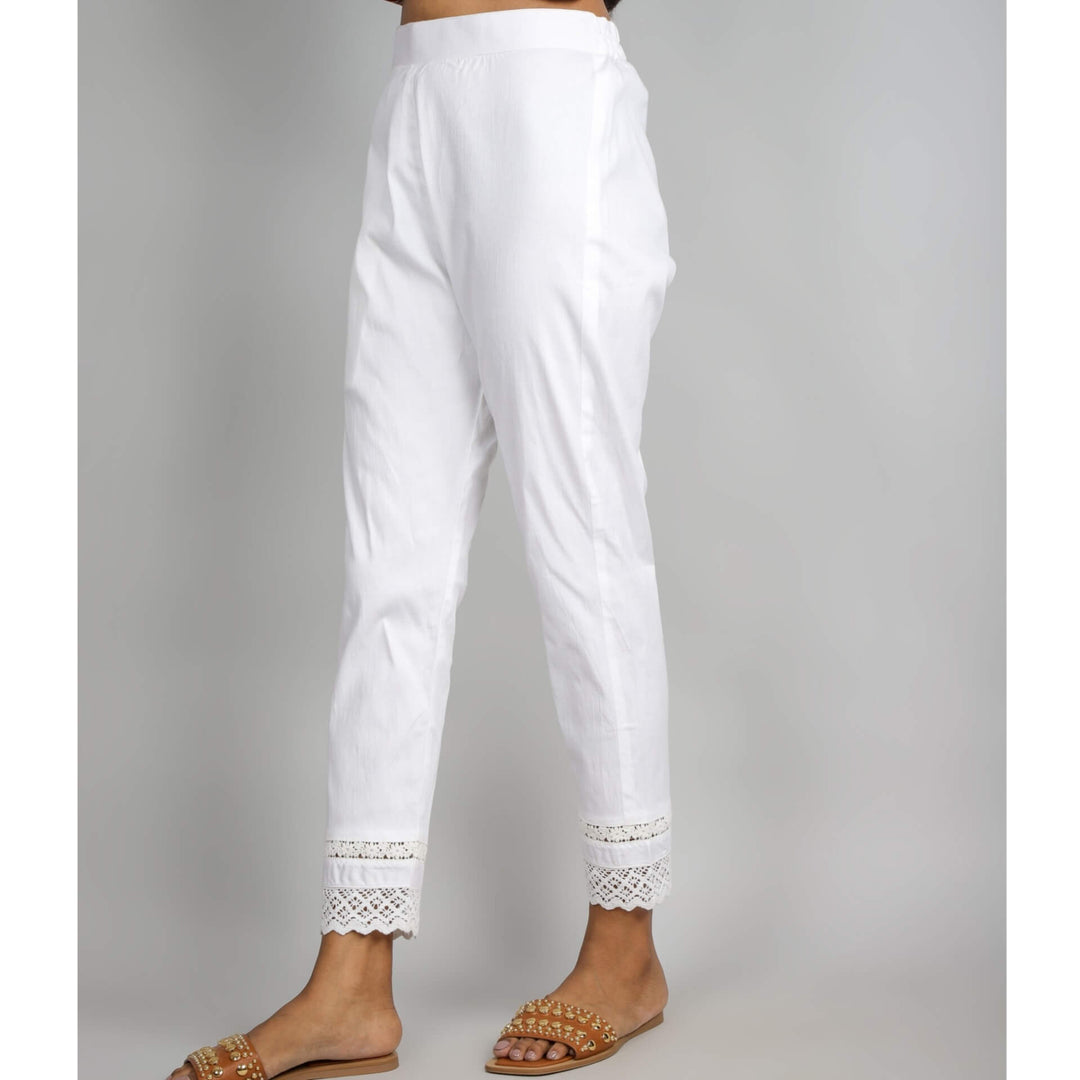 Ivory White Plain Lycra Trouser with Lace