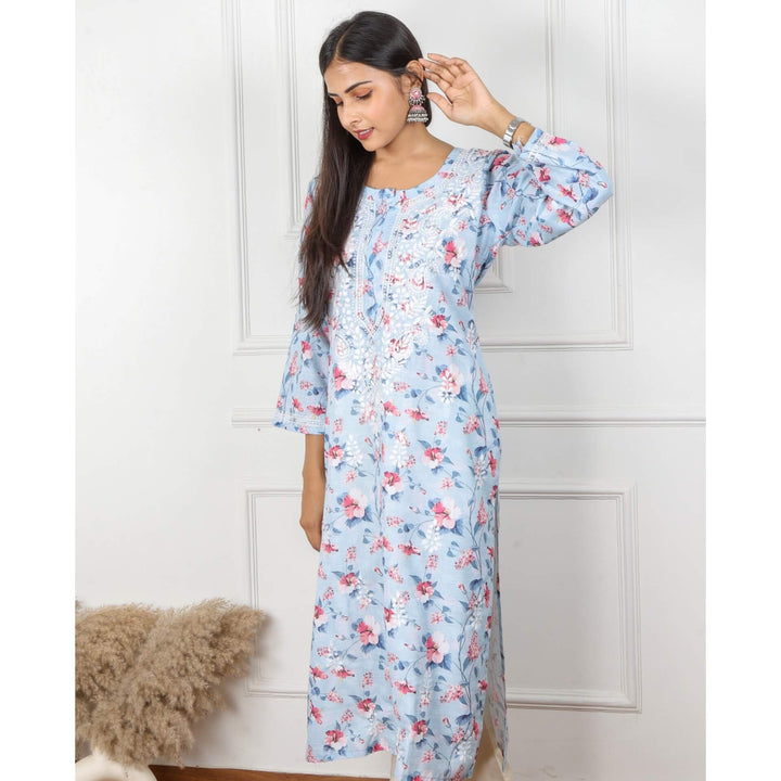 Ivory Blue Cotton Linen Floral Chikankari Work Kurti