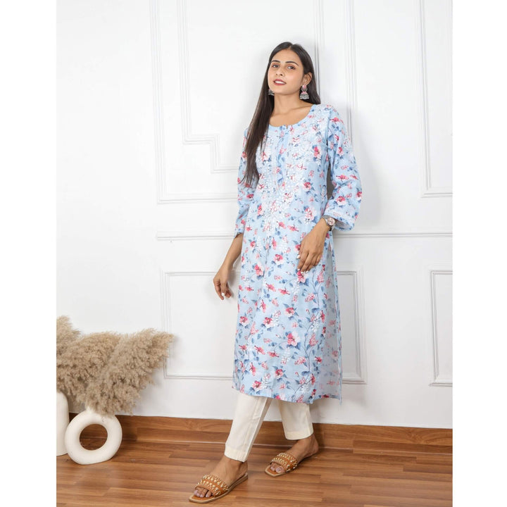 Ivory Blue Cotton Linen Floral Chikankari Work Kurti