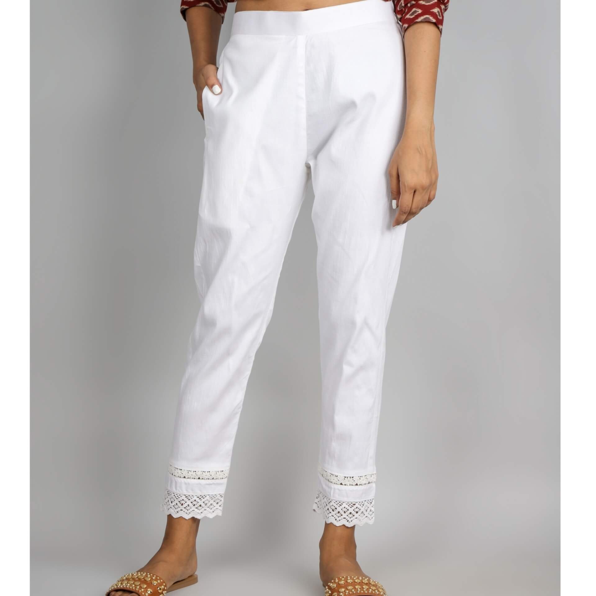 Ivory White Plain Lycra Trouser with Lace – Desisandook Enterprises Private  Limited
