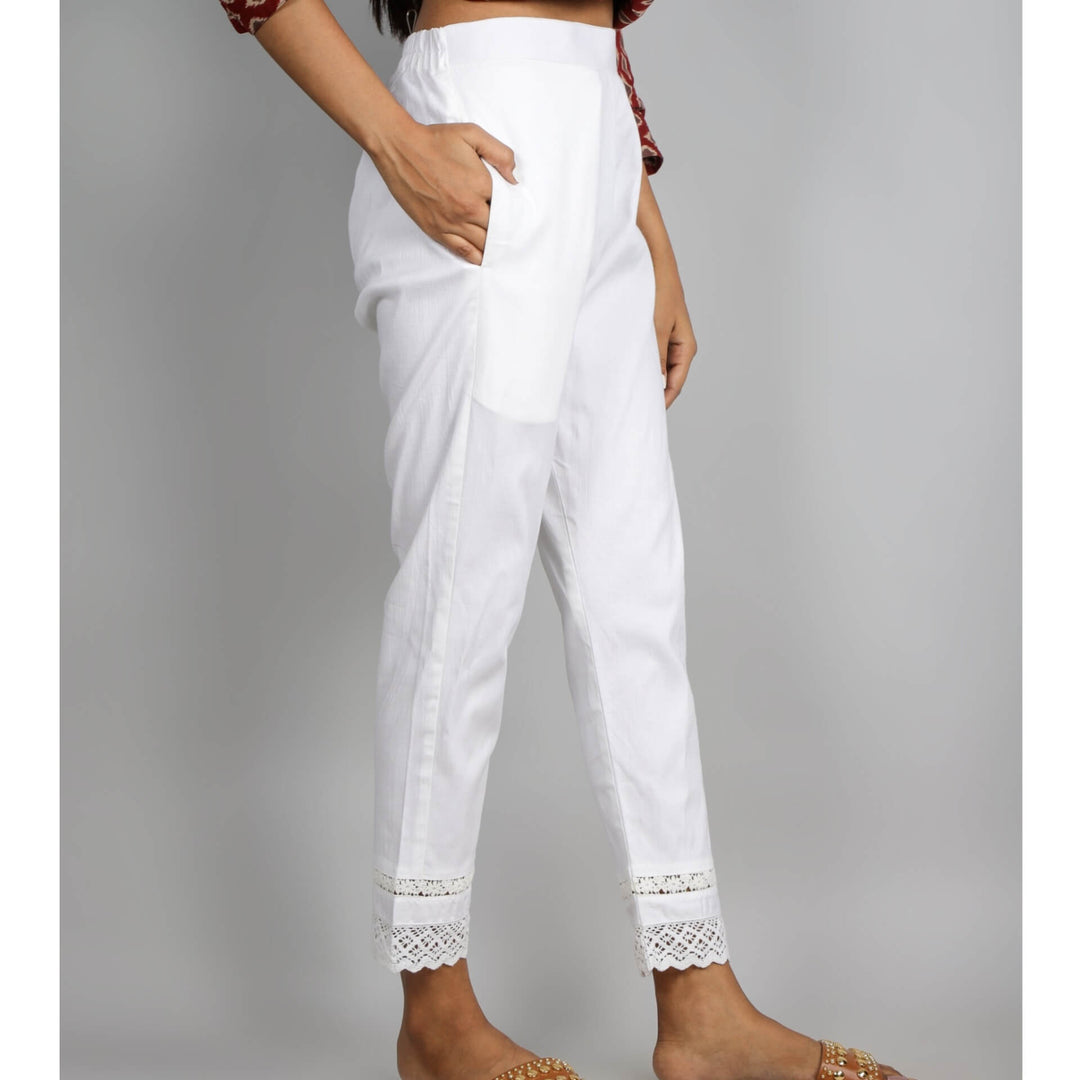 Ivory White Plain Lycra Trouser with Lace