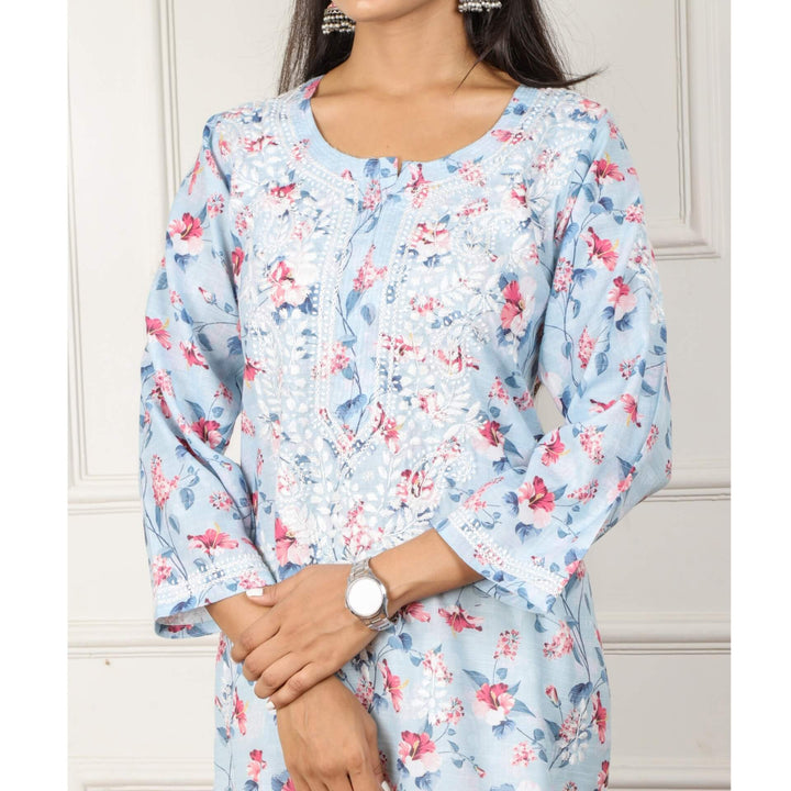 Ivory Blue Cotton Linen Floral Chikankari Work Kurti