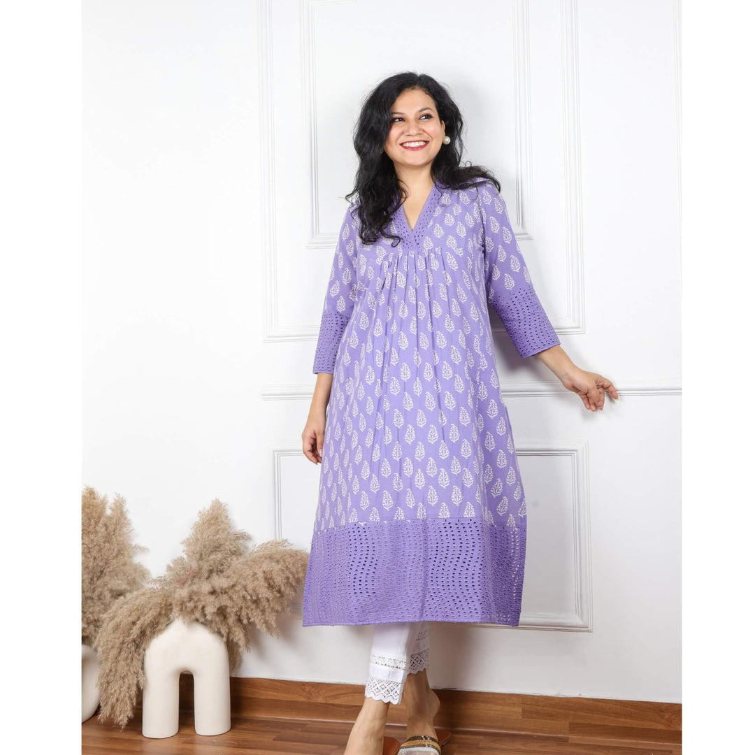 Luminous Lilac V Neck Cotton Schiffli Kurti