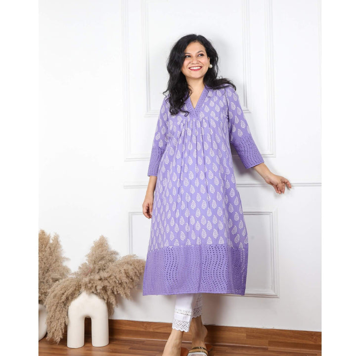 Luminous Lilac V Neck Cotton Schiffli Kurti