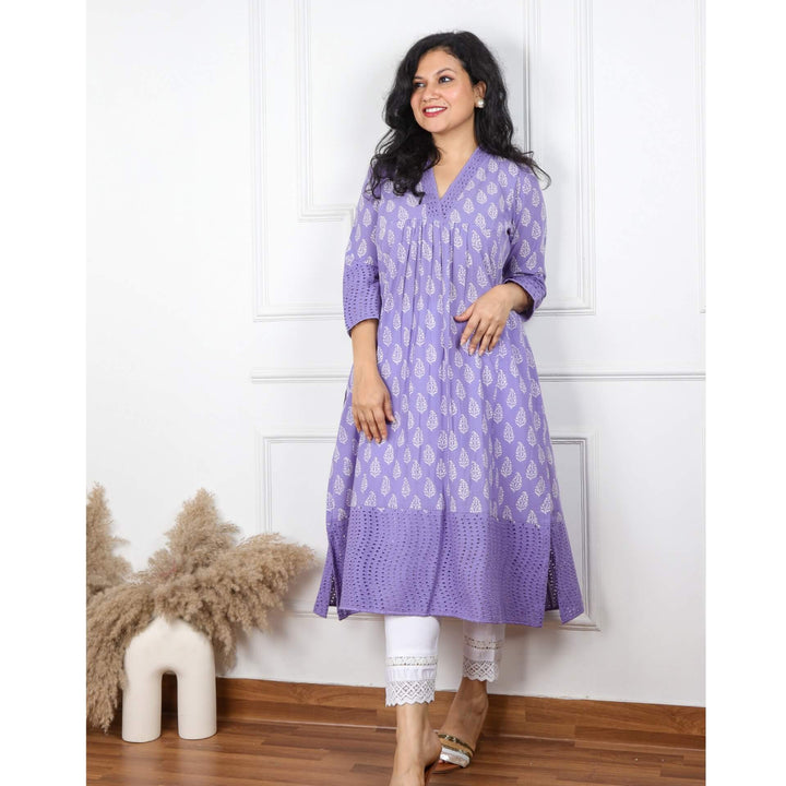 Luminous Lilac V Neck Cotton Schiffli Kurti