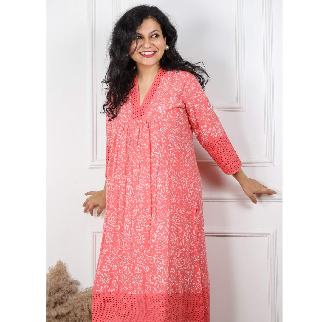 Luminous Peach Pink V Neck Cotton Schiffli Kurti