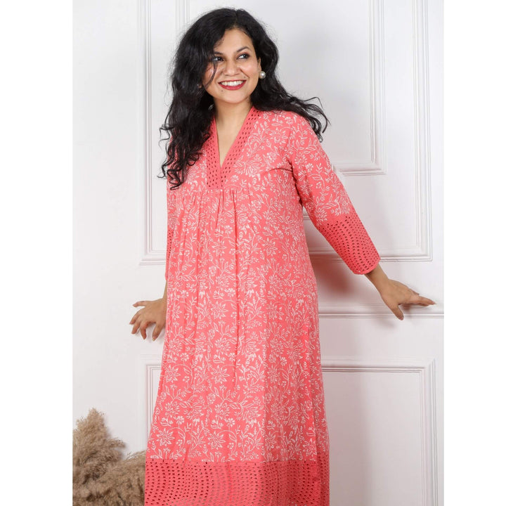 Luminous Peach Pink V Neck Cotton Schiffli Kurti