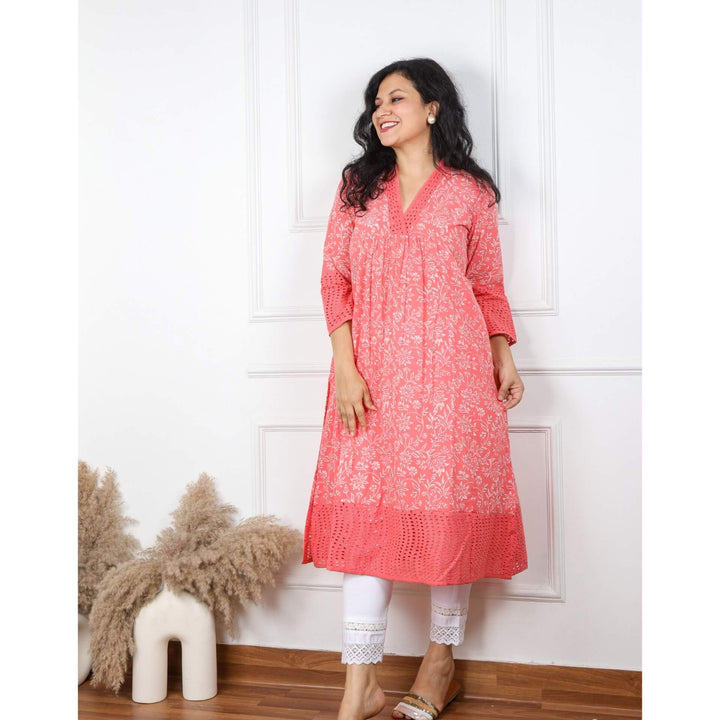 Luminous Peach Pink V Neck Cotton Schiffli Kurti