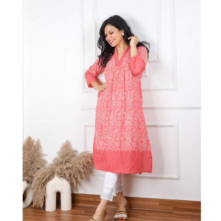 Luminous Peach Pink V Neck Cotton Schiffli Kurti