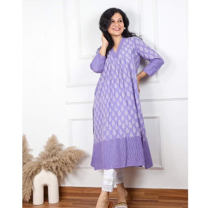 Luminous Lilac V Neck Cotton Schiffli Kurti