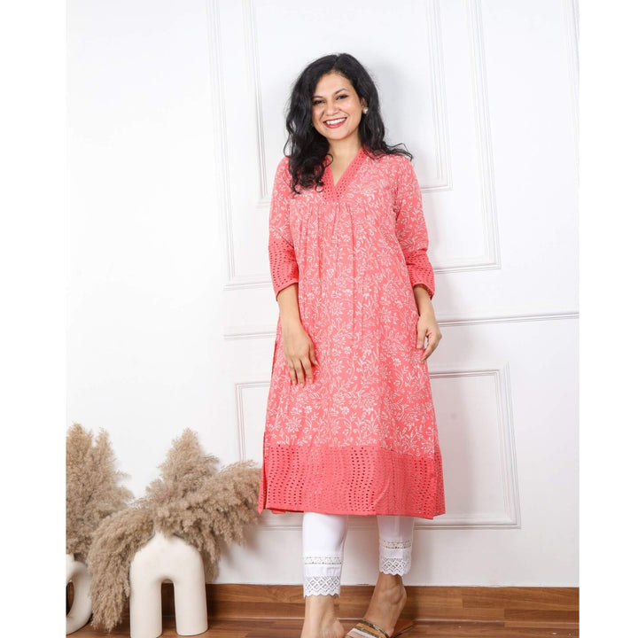Luminous Peach Pink V Neck Cotton Schiffli Kurti