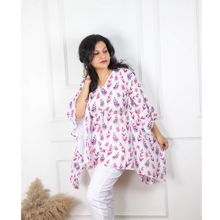 Ivory White Floral Printed Muslin Kaftan