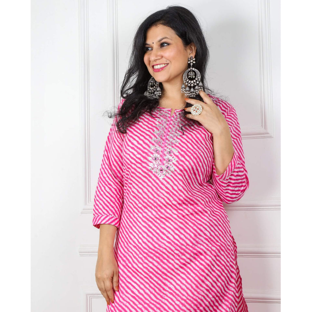 Madhubala Bright Pink Work leheriya Printed Cotton Kurti