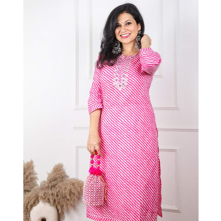 Madhubala Bright Pink Work leheriya Printed Cotton Kurti
