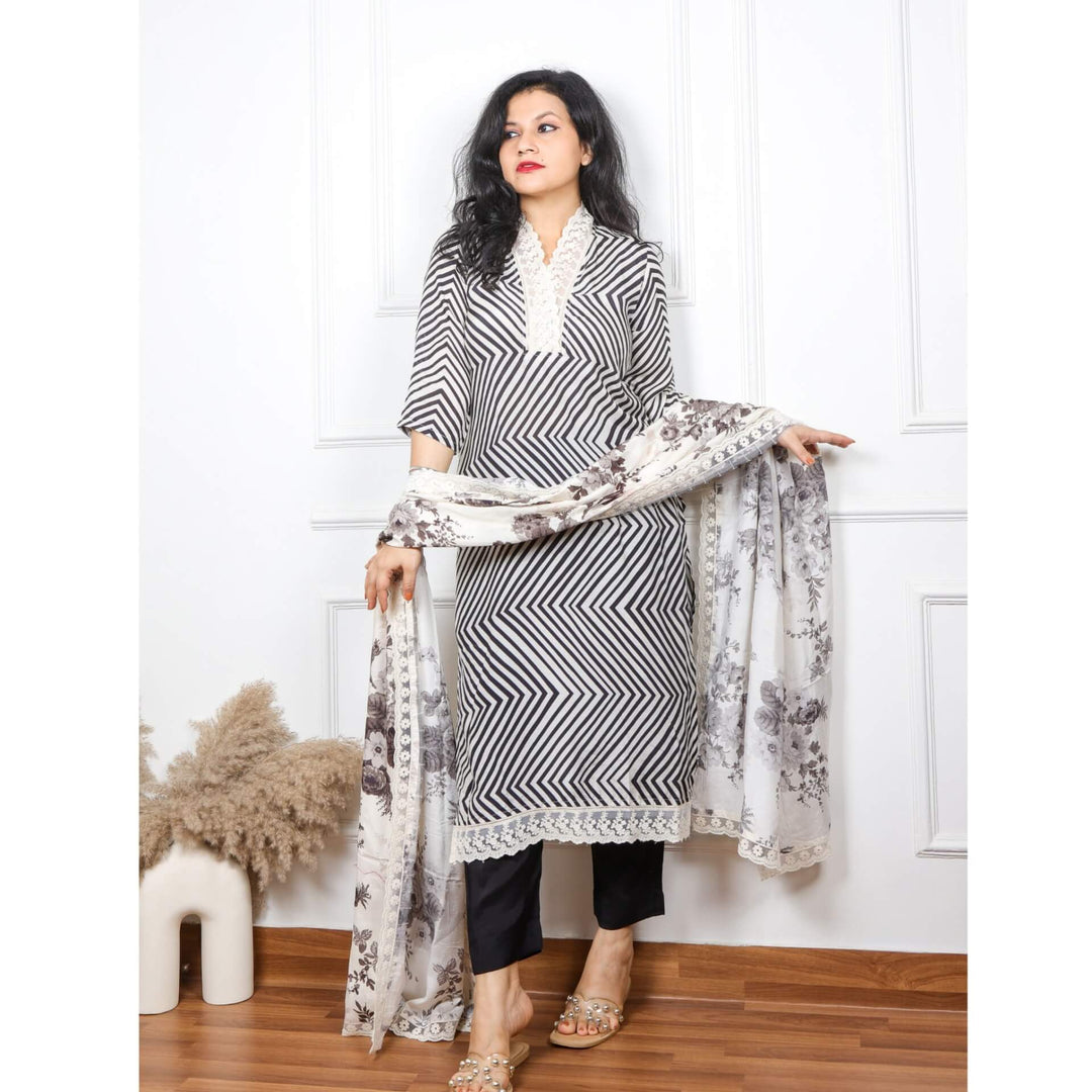 Black and Beige Lace Work V Neck Muslin Top With Floral Muslin Dupatta 3 Piece Set