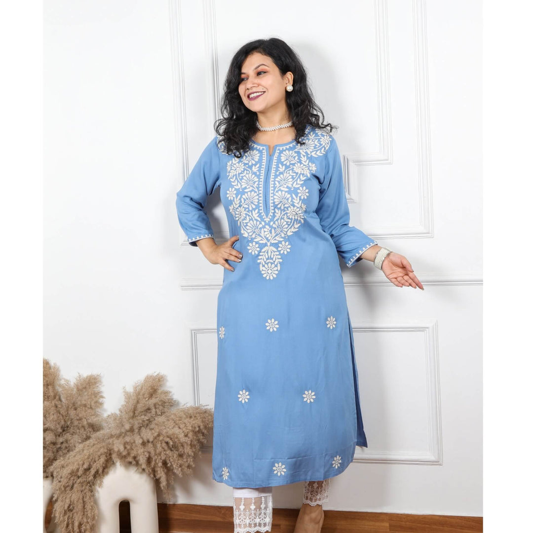 Steel Blue Pink Rayon Chikankari Inspired Work Kurti