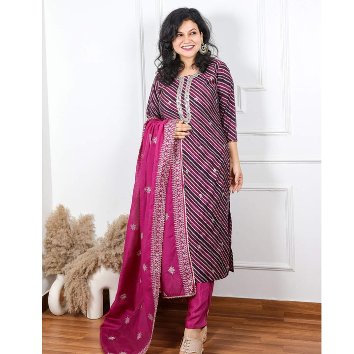 Nawaazish Eggplant Purple Leheriya Muslin Top with Cotton Silk Dupatta 3 Piece Set