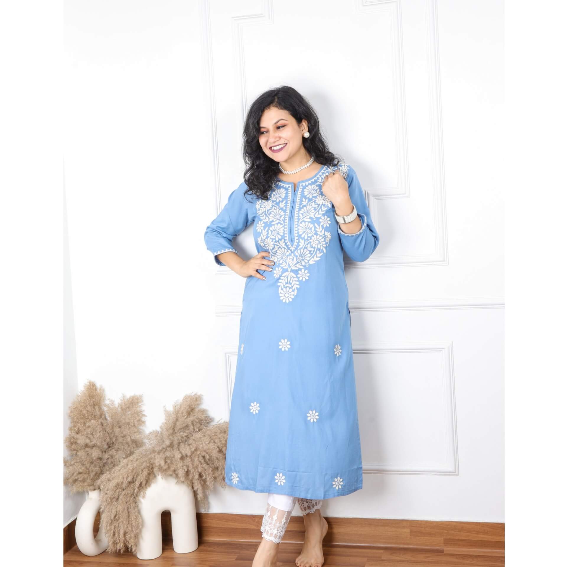 Light Sky Color Long Embroidered Kurti with Pink Design – Minu Fashions