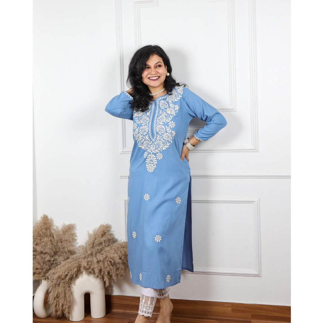 Steel Blue Pink Rayon Chikankari Inspired Work Kurti