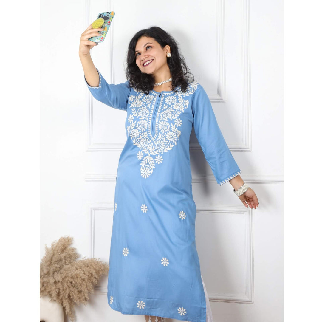 Steel Blue Pink Rayon Chikankari Inspired Work Kurti