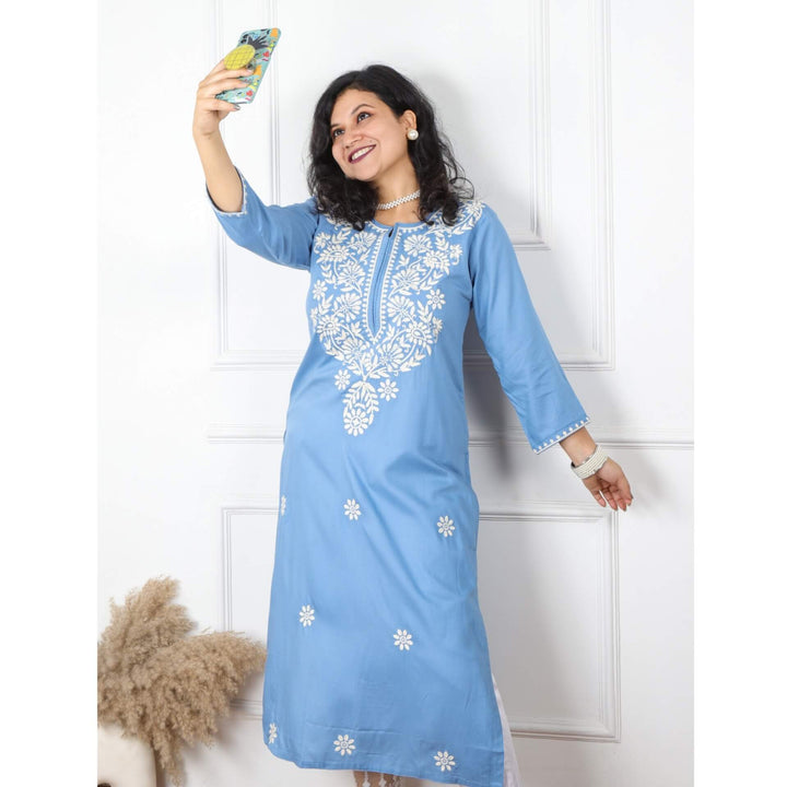 Steel Blue Pink Rayon Chikankari Inspired Work Kurti