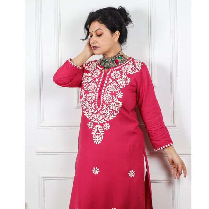 Jazz berry Jam Pink Rayon Chikankari Inspired Work Kurti