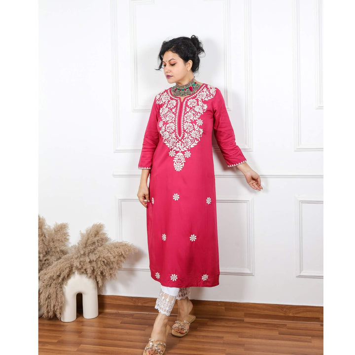 Jazz berry Jam Pink Rayon Chikankari Inspired Work Kurti