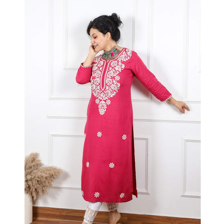 Jazz berry Jam Pink Rayon Chikankari Inspired Work Kurti