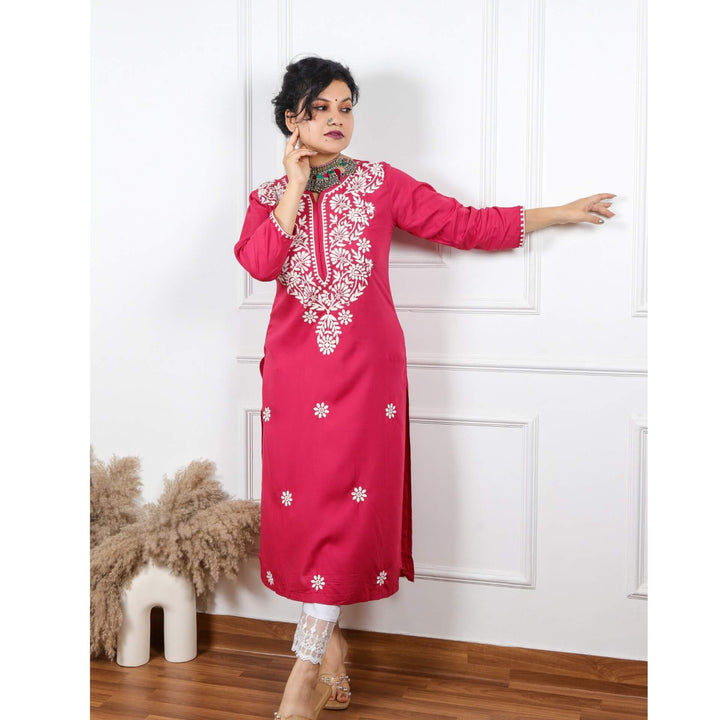 Jazz berry Jam Pink Rayon Chikankari Inspired Work Kurti