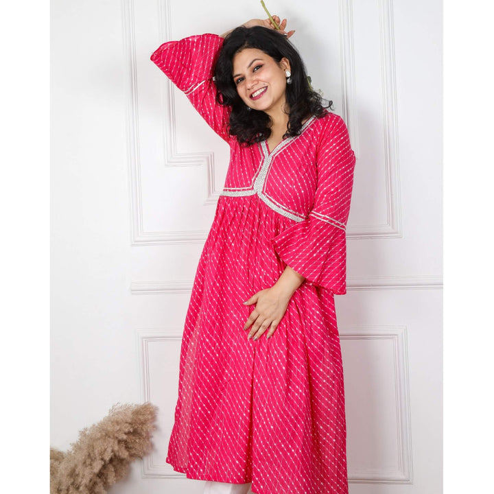 Afreen Rani Pink Leheriya Printed Alia Cut Stitch Cotton Top